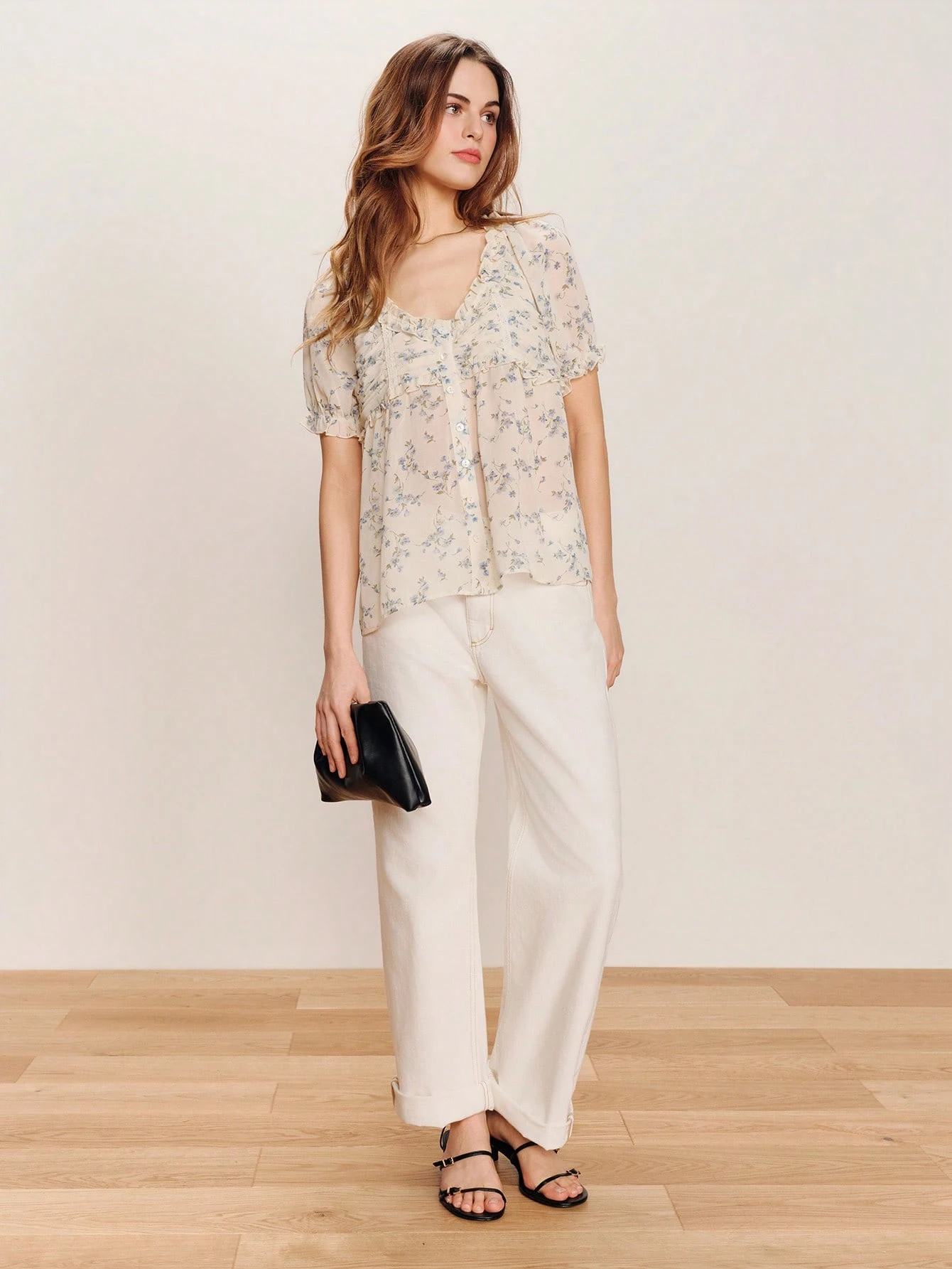 Vintage Romantic Cream Ruffled Button Front Blouse With Blue Floral Print And Lace Details Cute Top Spring Summer French Style Parisian Style Vintage Top Going Out Summer Flower Top Flowy Top French Style Women's Top Elegant Chiffon Blouse New Arrival Women Floral Blouse Spring Summer Floral Top Fleurora Floral Summer Top