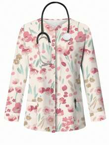 PopScrub Tulip Floral Print Scrub Jacket,Women Summer Nurse Uniform Top,Spring Botanical Pattern Light Pink Cardigan,Schoolgirl,Work  Hanging Earrings Design - Multicolor - View 4