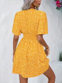 Wandoria Women's Summer Beach Vacation Floral Print V-Neck Flutter Sleeve Ruched Waist Short Dress - Yellow - View 2