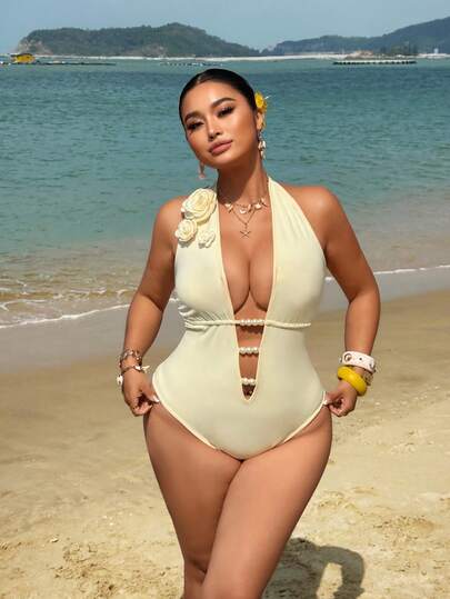 Sunnyshic Sexy Deep V-Neck Pearl Decor 3D Floral Halter High Stretch Knit Plus Size Bodysuit, Suitable For Beach, Wedding, Vacation, Date