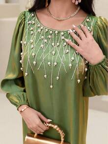 SHEIN Najma Đầm kiểu Ả Rập thanh lịch đính ngọc trai dành cho nữ - màu xanh lá - Xem 3