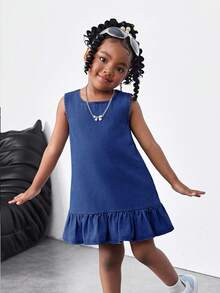 Kid Girls Blue Denim Sleeveless Short Dress With Ruffle Trim,Autumn Spring Summer Casual Country Boho Beach Outfits,Western Street Wear,Vacay Outfits - Dark Wash - View 1