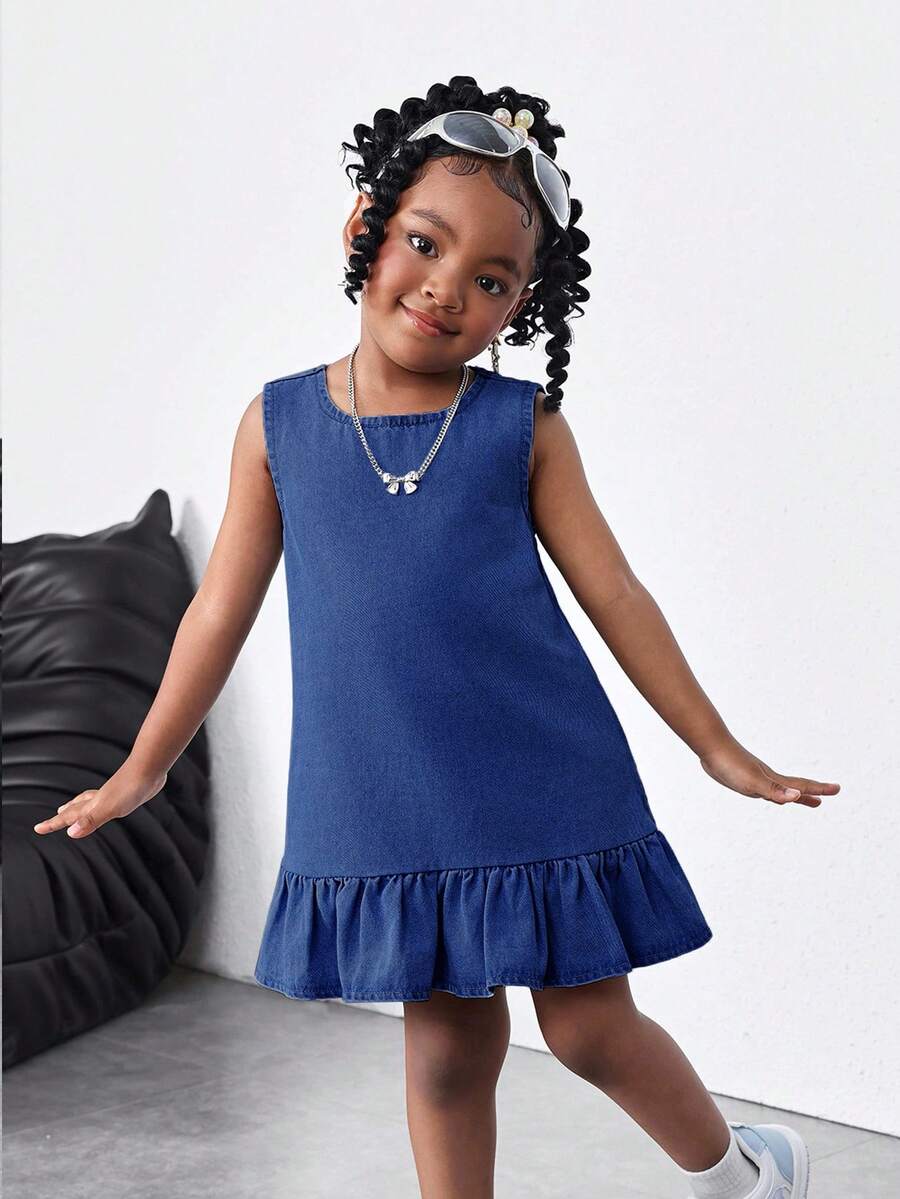 Kid Girls Blue Denim Sleeveless Short Dress With Ruffle Trim,Autumn Spring Summer Casual Country Boho Beach Outfits,Western Street Wear,Vacay Outfits - Dark Wash - View 1