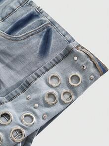 ROMWE J-Fashion Y2K Metallic Retro Low-Waist Denim Mini Skirt For Women - Light Wash - View 3