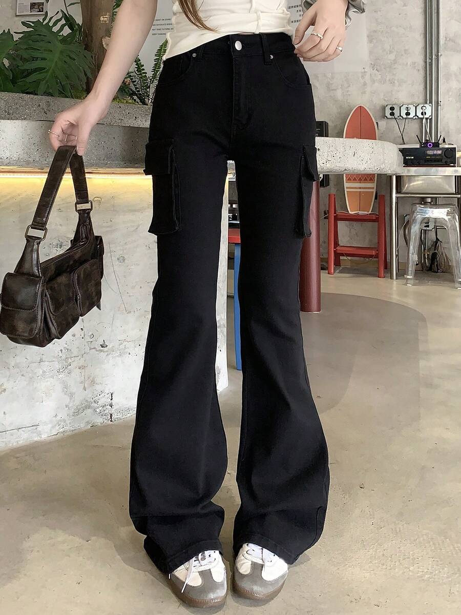 DAZY Women's Street Fashion Utility Pocket Flare Leg Jeans - Black - View 1