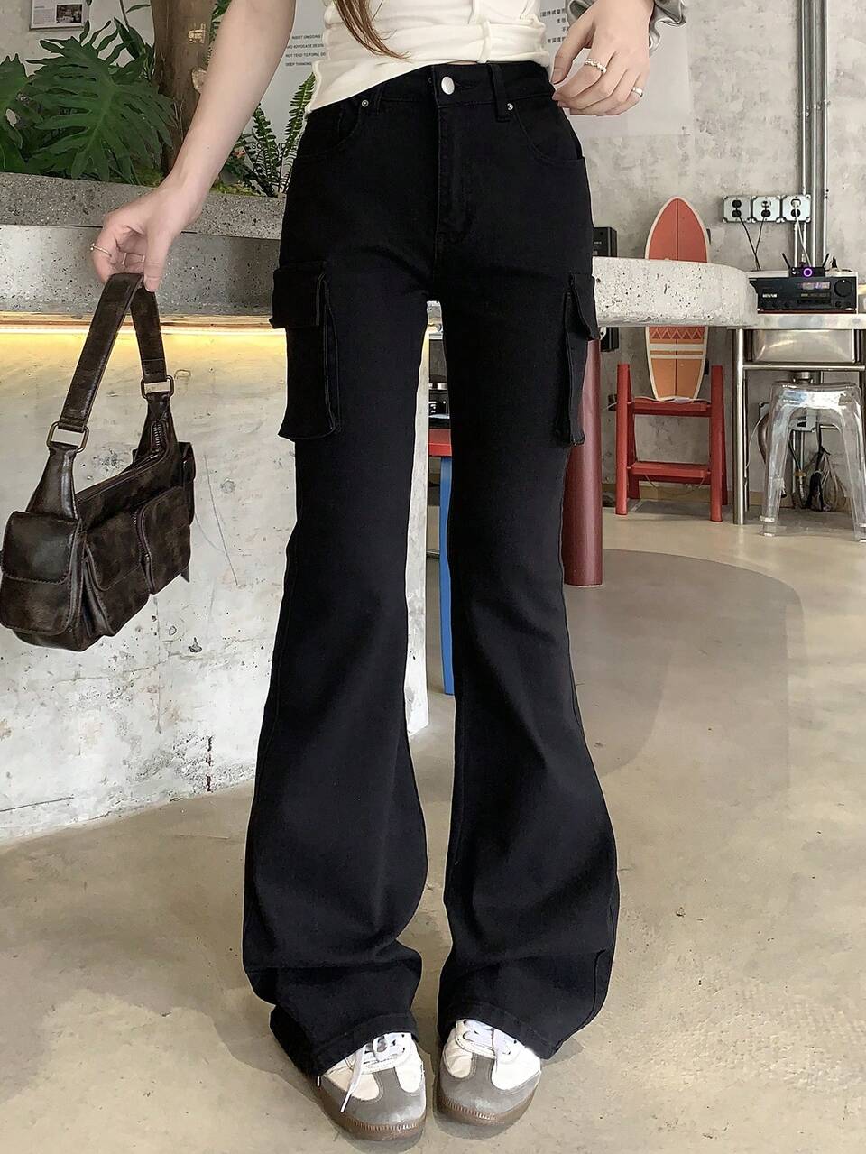 Women's Street Fashion Casual Street Style Cargo Pocket Flare Jeans, Summer Daily Black