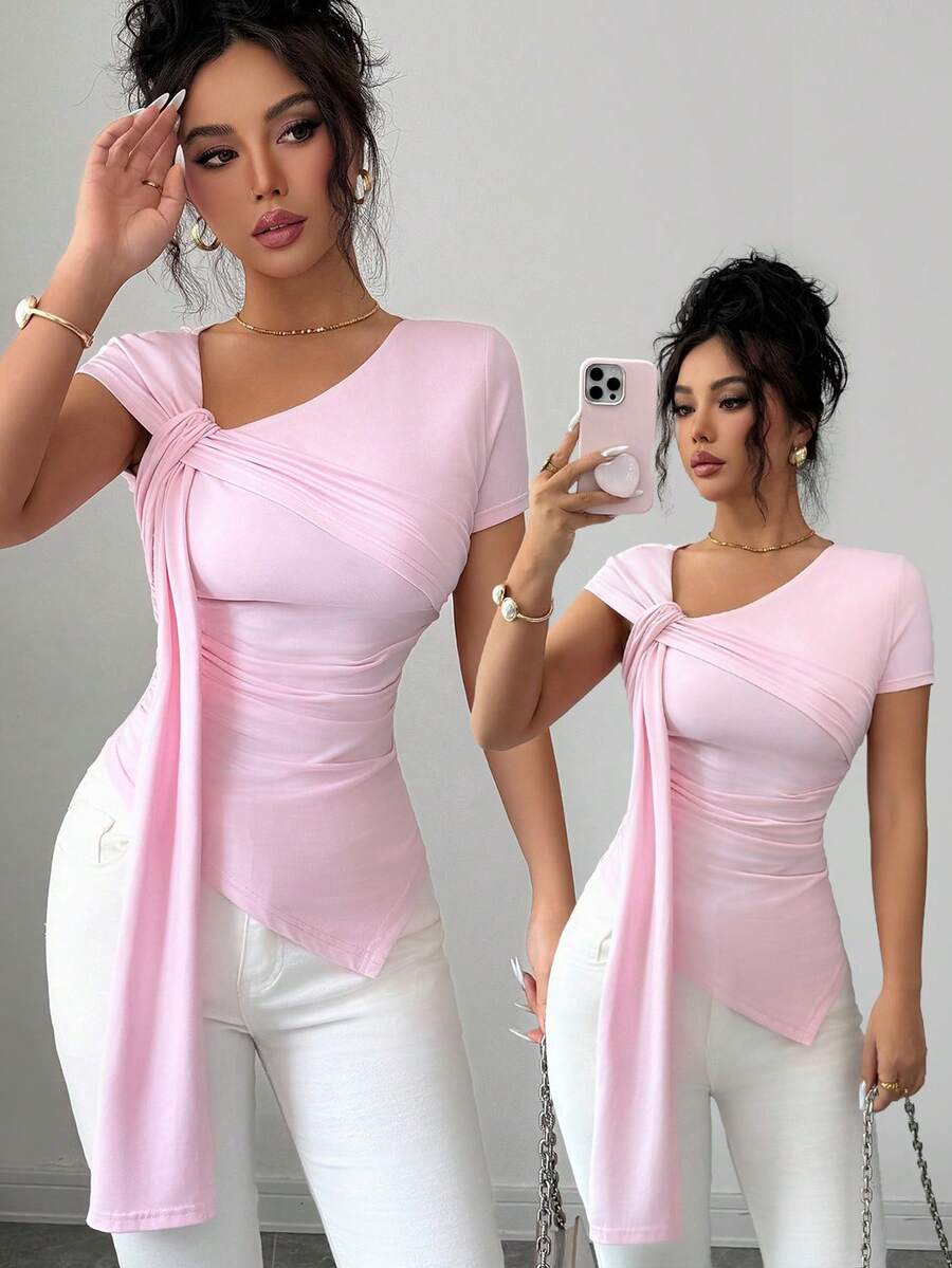 SHEIN Elenzya 女士不规则不对称荷叶边袖粉色短袖T恤，修身显瘦，优雅上衣 - 粉色 - 查看 1