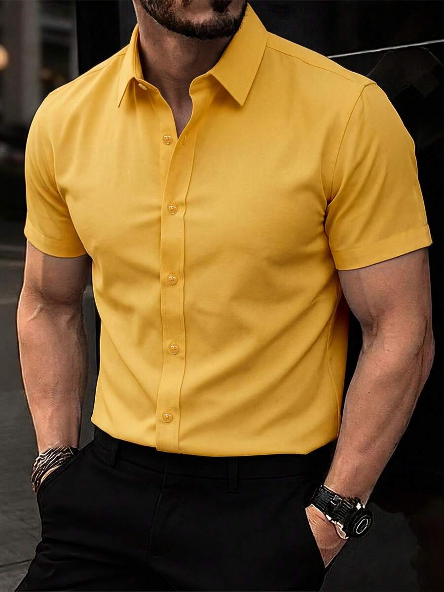 Calvornis Men's Casual Simple Solid Color Front Button Short Sleeve Shirt, Summer, Formal, Ceremony - Yellow - View 1