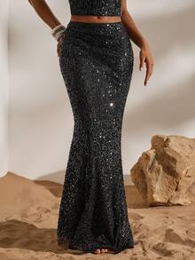 Opulessa Women's Sequin Mermaid Hem Skirt, Seductive Autumn Bohemian Ibiza , Western Style Summer Holiday, Beach Club Vacation - Black - View 6