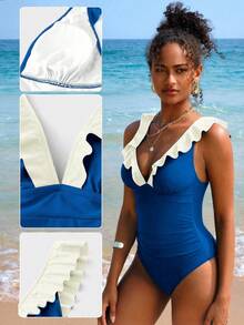 Swim Vcay Traje de baño de una pieza de moda sexy con volantes y unicolor para mujer - Agua verde azul - Ver 5