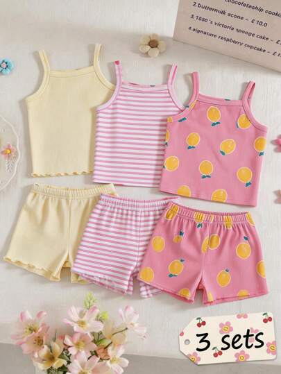 SHEIN Playful Pals Baby Girls' Comfortable Versatile Sweet Cute Strap Shorts Set, Multi-Piece Summer Outfit