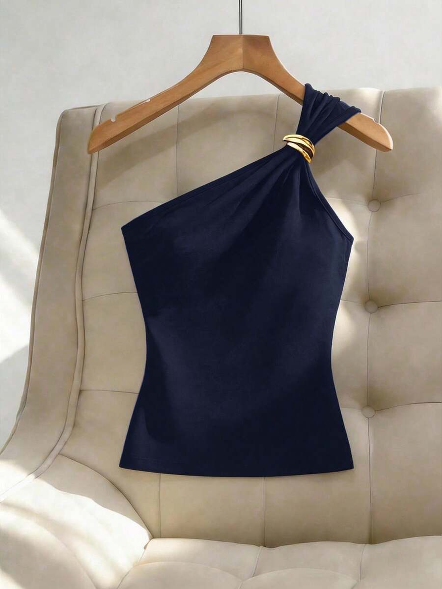 Franclia 女士黑色性感金属褶皱无袖上衣 - 藏蓝色 - 查看 1