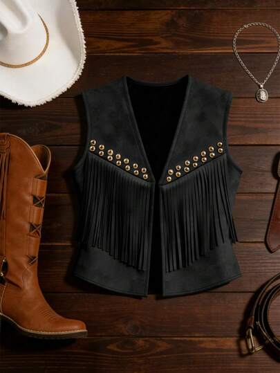 GlowEve Women's Suede Fringe Rivet Decor Boho Casual Jacket, Versatile For Daily, Vacation, Business, Beige, Sleeveless, Early Spring/Spring & Summer