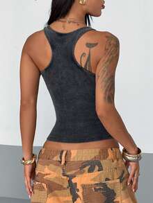 StreetHx 女士灰色罗纹水洗露脐上衣，方领，收腰设计，街头风，隐形肩带，复古朋克摇滚风，适合度假、音乐节等场合，性感 - 灰色 - 查看 2