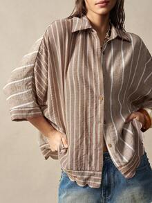 Bohemela Casual Woven Striped Patchwork Loose Fit Women's Shirt - Khaki - View 2