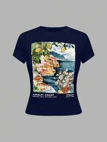 Glimmora Women's Casual Landscape Print T-Shirt, Summer - Multicolor - View 6