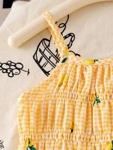 Souflis Souflis 小女孩可爱甜美格子柠檬蝴蝶结印花吊带背心和阔腿裤套装，夏季海滩度假休闲装 - 黃色 - 查看 8