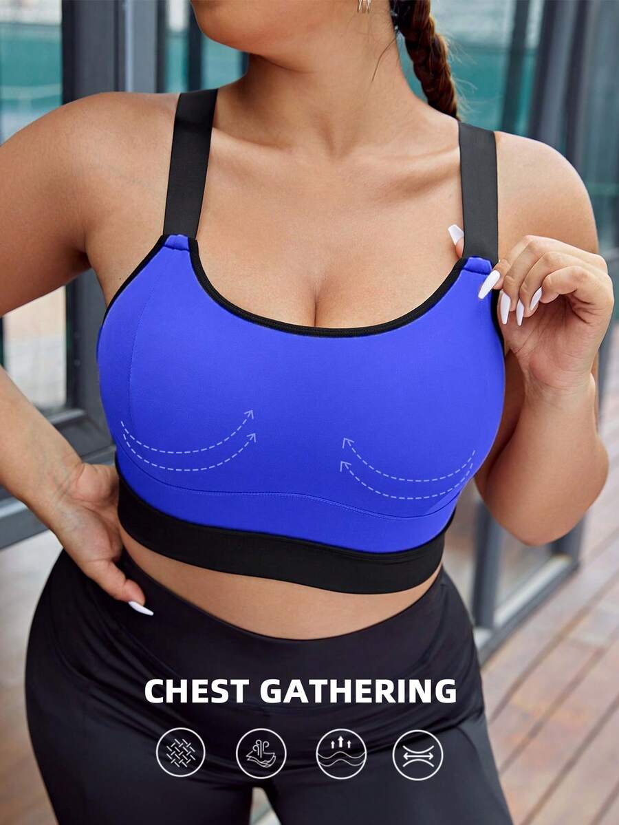 SHEIN Sports 加大码撞色包边交叉后背运动文胸,内置胸垫,不可拆卸胸垫,高支撑背心式设计,适合健身、瑜伽、跑步等运动,黑色,适合中国新年穿着 - 寶藍色 - 查看 1