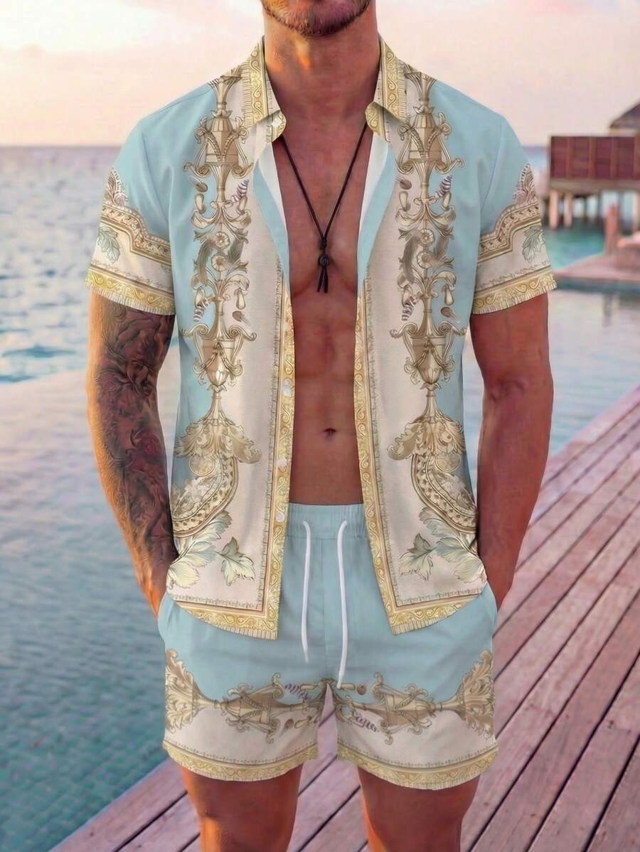VIVINTIMO 时尚休闲成熟度假奢华宫殿压花元素全覆盖印花标准版型短袖纽扣衬衫和短裤套装，2 件套，适合夏季户外度假、约会、派对、情侣装，送给男朋友的绝佳礼物，舒适服装 - 彩色 - 查看 1