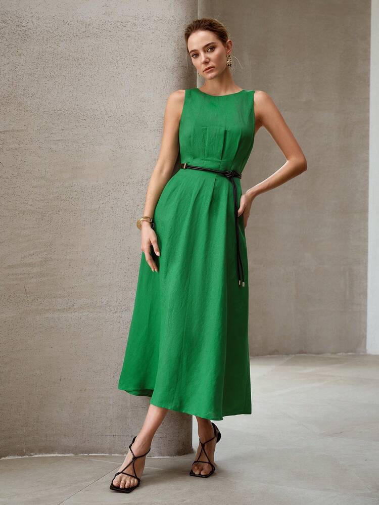 ROUND NECK FOLD PLEATED DRESS