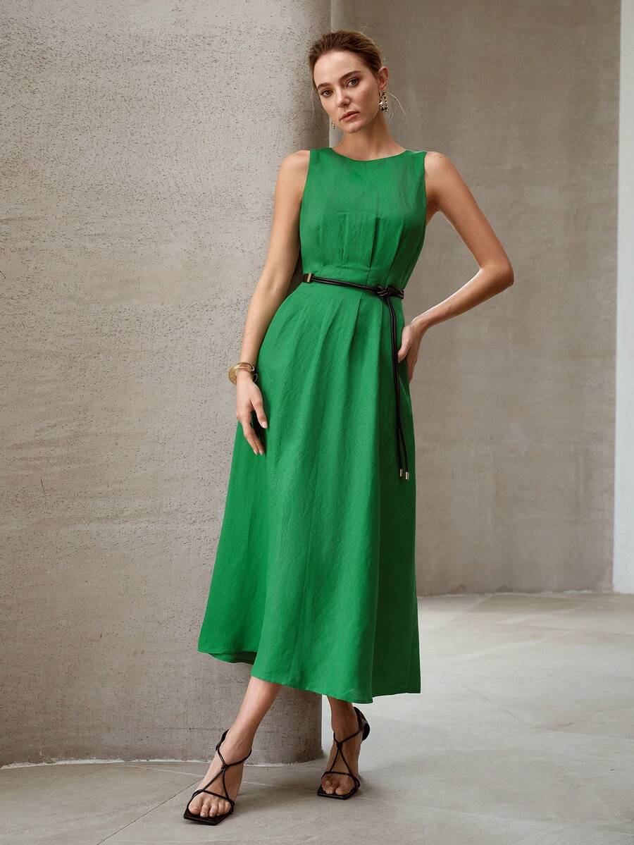 MOTF PREMIUM ĐẦM XẾP NẾP CỔ TRÒN - màu xanh lá - Xem 1