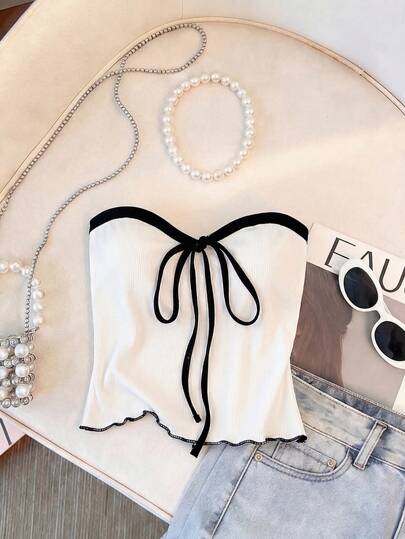 Franclia 女士优雅性感露背抹胸上衣，纯白色罗纹针织面料，修身百搭，适合日常夏季度假穿着。