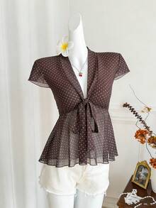 Sweetra Áo thun ngắn tay cổ chữ V buộc dây phối lưới chấm bi, chất liệu xuyên thấu, kiểu dáng casual ngọt ngào, dáng chữ A, thích hợp cho mùa xuân/hè. - Cà phê nâu - Xem 6