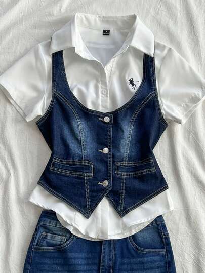 Elamini 女士撞色圆领前扣无袖牛仔外套