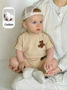 LMoss Kids LMoss   Baby Boy Summer Casual Bear Graphic T-Shirt And Shorts Set Brown Baby Set Aesthetic Baby Clothes - Multicolor - View 7