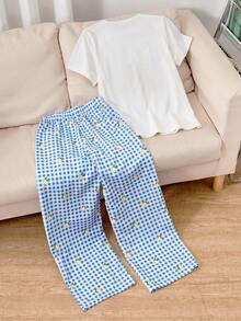 SHEIN Tween Girls T-Shirt Set,Fresh Lemon Print White Short-Sleeve Tee & Blue And White Checkered Wide-Leg Pant,Summer Cute Family Matching 2pcs Outfit - Multicolor - View 2