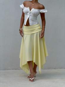 Plaid Midi Skirt With Asymmetric Hem, New Spring/Summer Look For Women, Retro Y2K Style - 鵝黃 - 查看 3