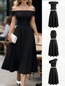 Miaspire Tenue de base quotidienne style américain pour femme, ensemble 2 pièces avec top épaules dénudées et jupe, printemps/été - Noir - Voir 1