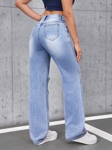 SHEIN Tall Quần jeans nữ cạp cao, có túi, ống rộng, dáng suông, phong cách thường ngày. - Màu xanh lam - Xem 2
