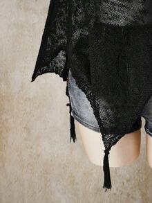 SHEIN ICON Áo dệt kim dáng rộng, màu trơn, cổ lệch, chất liệu voan mỏng, có tua rua dành cho nữ, cỡ lớn. - màu đen - Xem 7