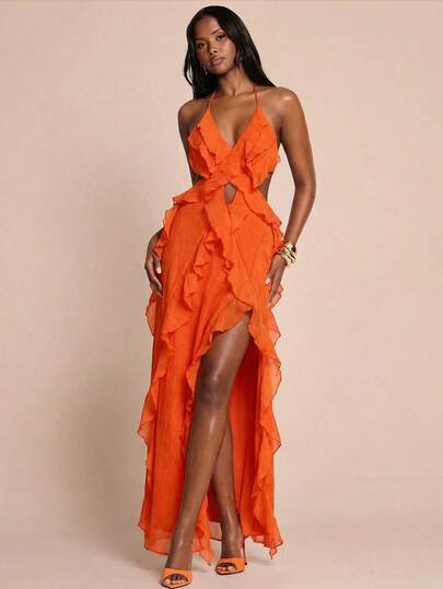 SHEIN BAE Đầm hai dây hở lưng gợi cảm màu cam, chất liệu dệt họa tiết, xếp nếp, khoét sâu, nhiều màu sắc, thích hợp cho kỳ nghỉ biển, trang phục mùa hè cho nữ, đầm dài thanh lịch có họa tiết cho nữ, đầm hè mùa hè cho nữ, phong cách Bohemian.