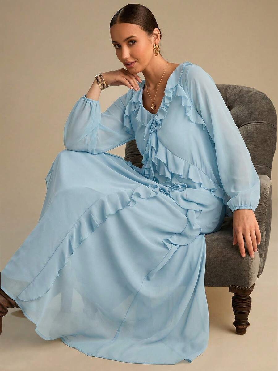 Enchnt 女士休闲纯色荷叶边V领长袖连衣裙 - 淺藍色 - 查看 1