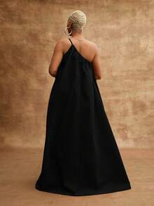 Vixey Woven Asymmetrical Single Strap Flowy Maxi Vacation Dress, Summer Holiday - Black - View 2