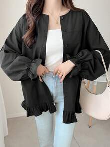 FRIFUL Áo sơ mi nữ màu trơn cổ tròn tay dài viền bèo cài một hàng khuy kiểu dáng thường ngày mùa hè - màu đen - Xem 8