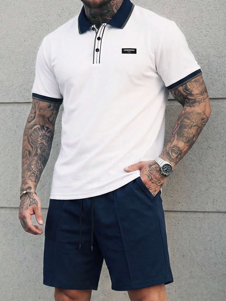 Manfinity Homme 男士短袖 Polo 衫套裝,海軍藍與白色夏季休閒度假 2 件套,老錢風白色 Polo 衫與短褲套裝 - 寶藍色 - 查看 1