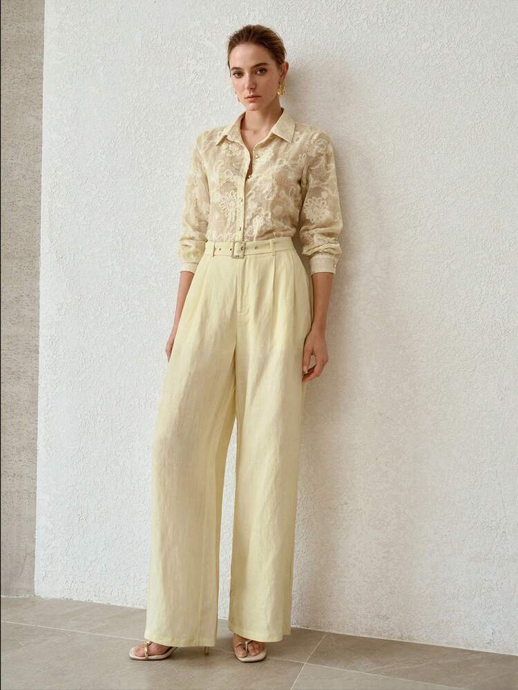 MINIMALIST ELEGANT 3D FLORAL EMBROIDERED LINEN 2 PIECES SET FOR WOMEN, YELLOW