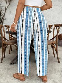SHEIN VCAY Pantalones anchos de pierna ancha con cintura de lazo y patrón geométrico para mujer de talla grande - Multicolor - Ver 2