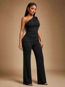 SHEIN SXY Bộ đồ 2 món dành cho nữ cỡ lớn: Áo không tay vạt lệch màu trơn và quần ống loe. - màu đen - Xem 5