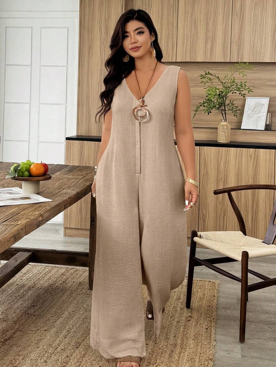 Weeklong White Plus-Size Jumpsuit - Sleeveless, V-Neck & Loose Fit, Suitable For Daily Wear & Office Commute, Spring & Summer Outfit - Khaki - View 1