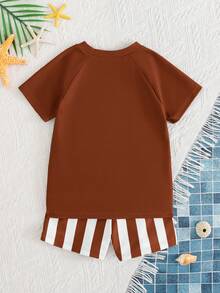 SHEIN Young Boy Classic Striped Sun Pattern Swimsuit Set,Slim Fit Round Neck Short Sleeve Shirt & Shorts,Fashionable Summer,Beach,Holiday Swimming Outfit - Brown - View 4