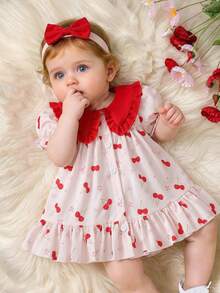 SHEIN Newborn Cute Cartoon Heart Pattern Suspender Bow Decor Princess Dress, Suitable For Spring/Summer Outings, Vacations And Parties - Brown - View 5