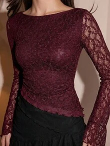 Bris Aura Women's Elegant Commuter Solid Color Lace Asymmetric Hem T-Shirt, Lace Long Sleeve Top - Red Violet - View 4