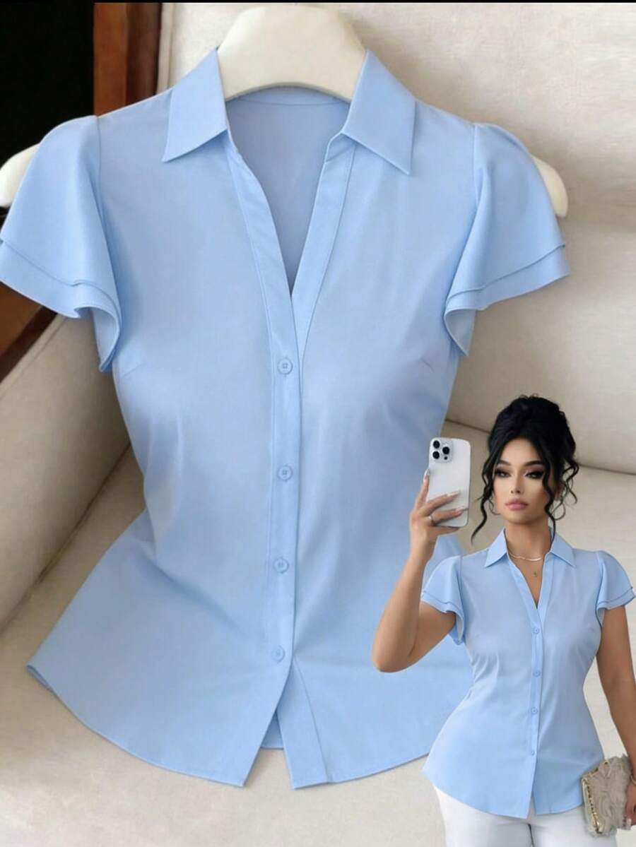 Elenzga Plus Size Women Elegant Minimalist Lace Patchwork Turndown Collar Blouse, Suitable For Commuting, Daily Wear, Dating, Party - Blue - View 1