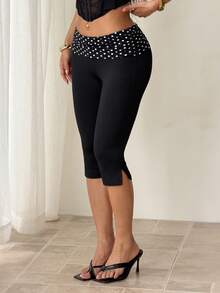 SHEIN PETITE Quần legging lửng nữ họa tiết chấm bi, kiểu dáng thường ngày. - màu đen - Xem 5