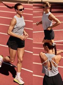 GLOWMODE Quick-Dry Glow Sprint Lightweight Waist Length Back Twist Crewneck Running Tank Jogging Workout Training Fitness Active Wear - Khaki - View 7