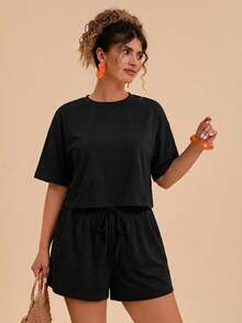 Travachic Bộ đồ 2 món cỡ lớn: Áo thun ngắn tay cổ tròn in họa tiết hoa nhiệt đới nhiều màu sắc và quần short. - màu đen - Xem 3